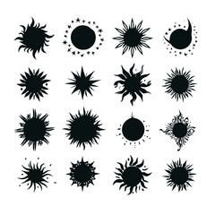 sun, vector, flower, icon, summer, design, set, illustration, symbol, art, pattern, collection, nature, sign, element, star, yellow, decoration, weather, floral, sunlight, sunbeam, circle, ornament