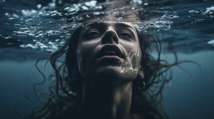 Woman drowning: Concept of Depression, Overwhelm, and Burnout - obrazy, fototapety, plakaty