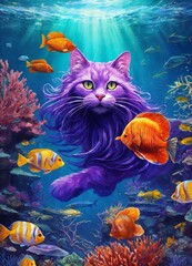 Obraz na płótnie Canvas The purple cat dived into the sea and swims among the fish. Fantasy. Delicious dream of a cat.
