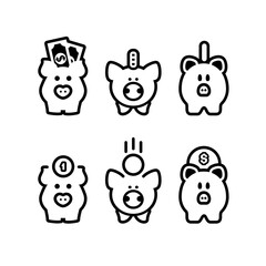 Piggy bank icons set, with coin symbol, made in simple line style. - 713019804