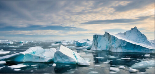 Fototapeta na wymiar Ice sheets melting in the arctic ocean or waters. Global warming, climate change, greenhouse gas, ecology concept.