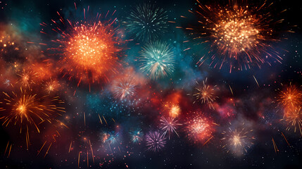 Happy New Year, burning fireworks with bokeh light background