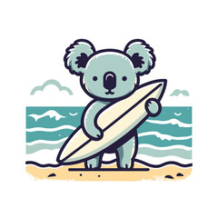 Cute koala with a surfboard on the beach, koala bear in summer vacation, Vector illustration, generative ai