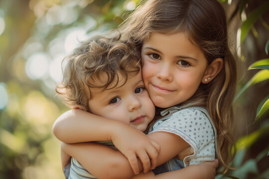 Close-up photograph of a girl of about 8 years old hugging her little brother. concept of tenderness, of love. family affection