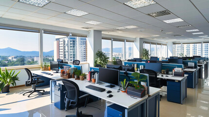 Fototapeta na wymiar Modern Office Workspace with Computer Desks, Urban View, and Clean Design