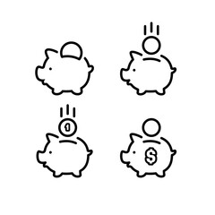 Piggy bank icons set, with coin symbol, made in simple line style.