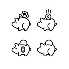 Piggy bank icons set, with coin symbol, made in simple line style. - 713020661