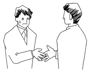 緊張して握手をするサラリーマンの男性の線画イラスト