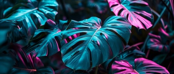 Neon Monstera deliciosa leaves growing in tropical forest for creative design elements. Generative AI - obrazy, fototapety, plakaty