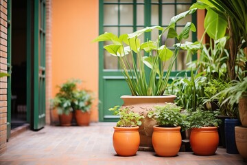 terracotta pots with lush green plants in a courtyard