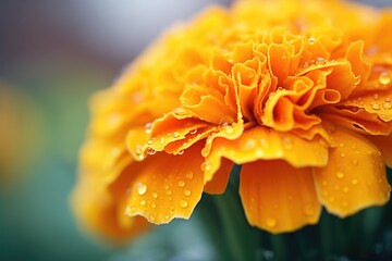 closeup of dew drops on marigold petals