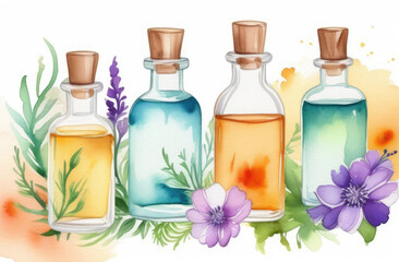 Obraz na płótnie Canvas cosmetics with flowers, green leaves. essence oil bottles on spring floral background in watercolor