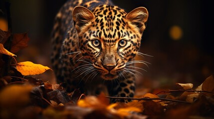 Intense gaze of a magnificent amur leopard in a captivating wildlife photography shot - obrazy, fototapety, plakaty