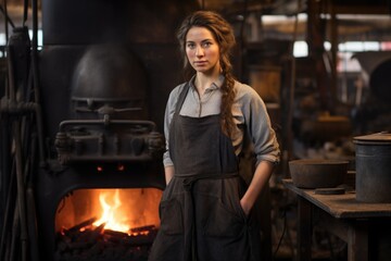 Portrait of a professional blacksmith girl in her blacksmith shop