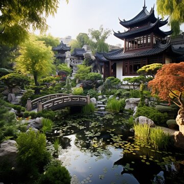 Nice chinese garden house image Generative AI