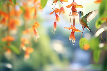 hummingbird feeding from a trumpet vine in a vibrant yard