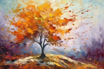 Original landscape painting of autumn tree with foliage in impressionistic style. Generative AI - obrazy, fototapety, plakaty