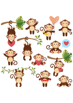 Set of digital elements with lovely monkey