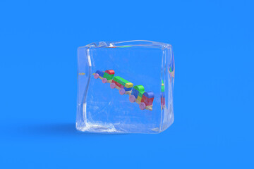 Toy train for document in ice cube. 3d illustration