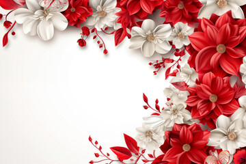 White and red poinsettia flowers on white background with copy space