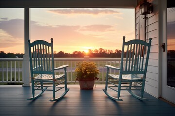 empty rocking chairs on a peaceful farmhouse porch at dusk - obrazy, fototapety, plakaty