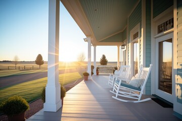 sunlit farmhouse with wraparound porch and rocking chairs