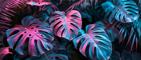 Neon Monstera deliciosa leaves growing in tropical forest for creative design elements. Generative AI