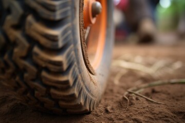 close up of a wheelbarrow wheel tread in the soil