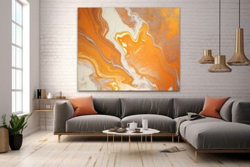 Abstract art with orange and yellow hues, marble swirls, agate ripples, luxury texture, and gold powder. Generative AI - obrazy, fototapety, plakaty