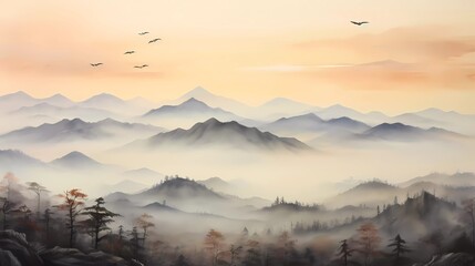 watercolor painting of misty mountains with gentle slopes and flocks of birds in the sunrise sky. generative ai