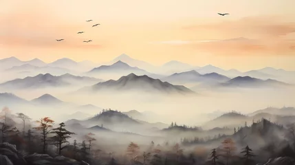 Fotobehang watercolor painting of misty mountains with gentle slopes and flocks of birds in the sunrise sky. generative ai © KBL Sungkid
