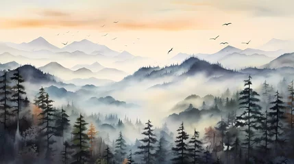 Papier Peint photo Lavable Forêt dans le brouillard watercolor painting of misty mountains with pine trees and flocks of birds in the sunset sky. generative ai