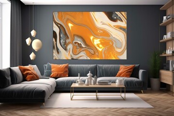 Abstract art with orange and yellow hues, marble swirls, agate ripples, luxury texture, and gold powder. Generative AI