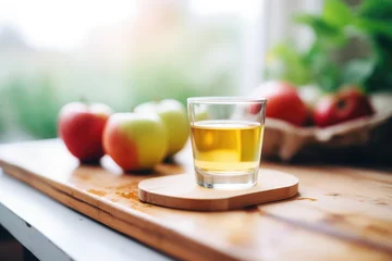 Foto op Plexiglas clear shot glass of apple cider vinegar on a wooden tray © altitudevisual