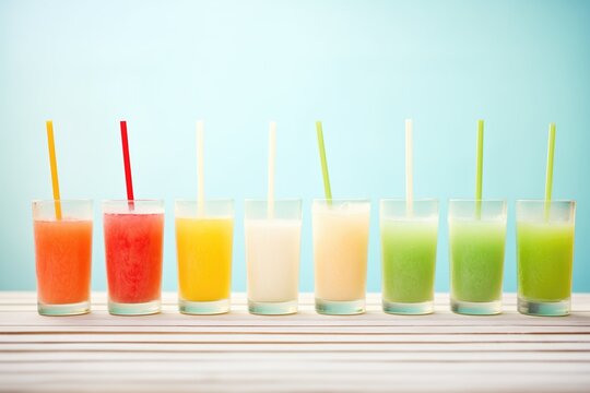 gradient lineup of agua frescas in sunlight from red to green hues