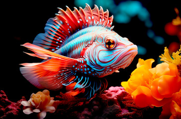 Colorful fish in aquarium tank. Beautiful underwater world with corals and tropical fish.