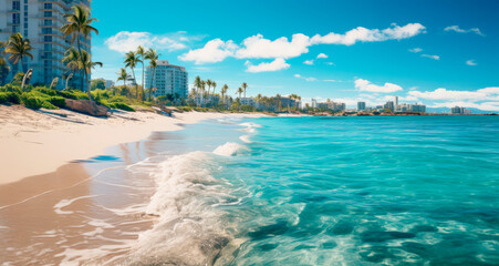 Beautiful topical Beach with white sand, palm trees and sea. Waves crashing empty beach from above. - obrazy, fototapety, plakaty