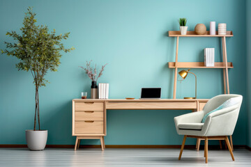wooden desk with an armchair on a background of a light blue wall. Modern Stylish workplace. Interior design of light office.