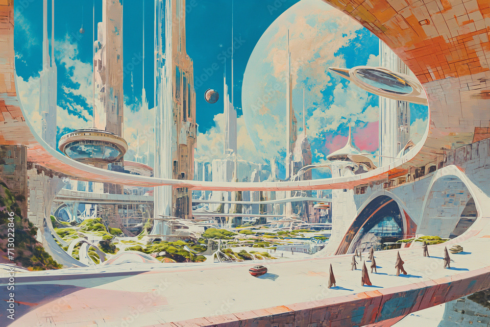 Poster retrofuturistic landscape in mid-century sci-fi style. retro science fiction scene with futuristic c