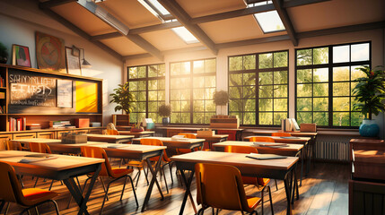 Elegant Classroom Interior with Wooden Furniture, School Setting, and Study Environment