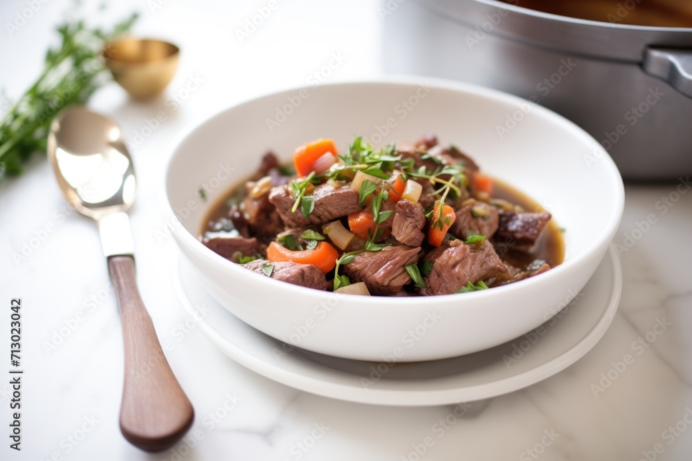 Sticker beef bourguignon in a white bowl with a spoon on the side