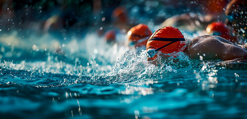 Swimmers racing in pool, focus on splashing water and swim cap. Shallow focus.

