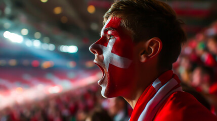 Passionate Danish soccer fan cheering in stadium with red and white Danish national face paint.