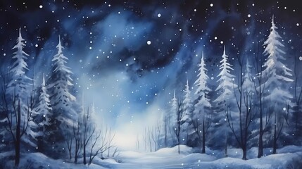 Fototapeta na wymiar watercolor painting Dark winter forest background at night. Snow, fog, moonlight. generative ai