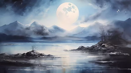 Papier Peint photo autocollant Pleine lune watercolor painting Sea with mountains and full moon at night. generative ai