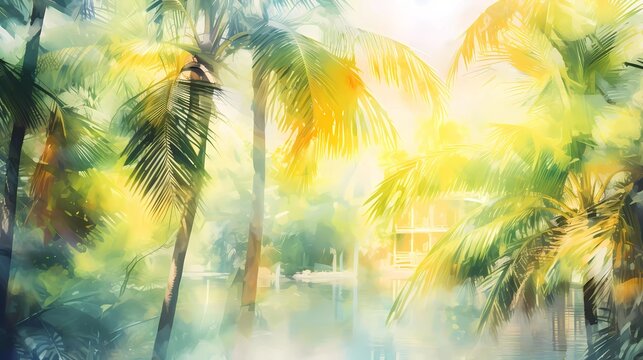 watercolor painting of beautiful natural palm trees in the tropics with bokeh sunlight abstract background. generative ai