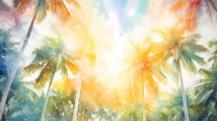 watercolor painting of beautiful natural palm trees in the tropics with bokeh sunlight abstract background. generative ai - obrazy, fototapety, plakaty