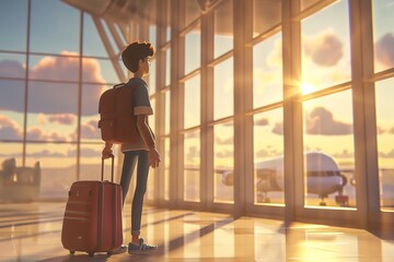 Man in airport - relocation moving cartoon illustration, world travel nomad new home