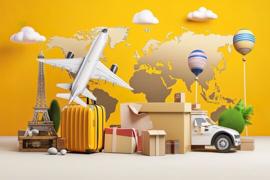 Relocation truck cartoon moving illustration, world map and airplane, Eiffel tower, Paris
