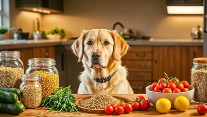 A dog sits at a kitchen counter surrounded by fresh vegetables and grains.